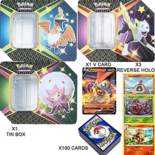 Pack Pokemon Caja de Metal Aleatoria + 3 Reverse Holo Aleatorios + 1 Carta V Aleatoria + 100 Cartas Inglesas