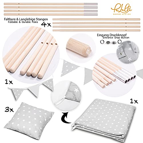 PALULLI Tipi - Tienda de campaña para niños con estera y sistema anticolapso y 4 cojines decorativos de lona de algodón (estrellas)