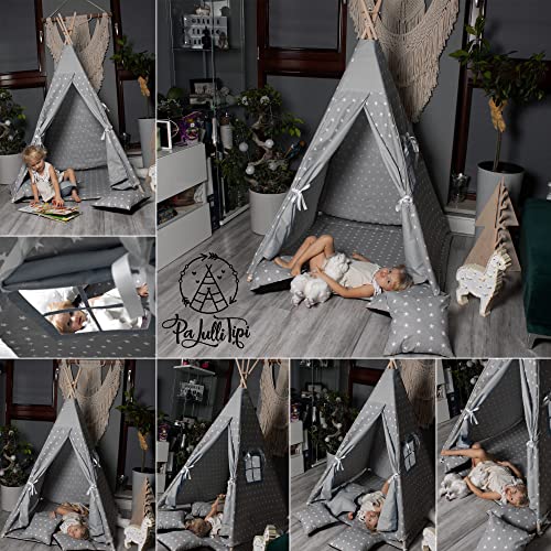 PALULLI Tipi - Tienda de campaña para niños con estera y sistema anticolapso y 4 cojines decorativos de lona de algodón (estrellas)