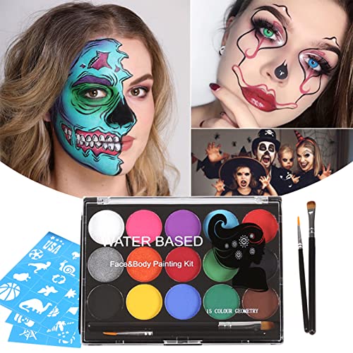 Pinturas Cara para Niños,15 Pinturas Corporal Base de Agua, 4 Plantillas 2 Pinceles, Pintura Facialpara Halloween Decoración, Fiestas, Cosplay, Santa, Carnaval