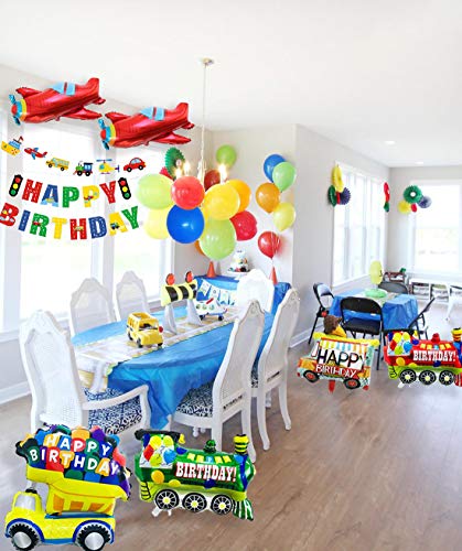 PIXHOTUL Decoraciones para Fiestas de Transporte, 3 Juegos de Pancartas de Happy Birthday de Transporte y 46 Globos Temáticos de Transporte para Fiestas de Cumpleaños Infantiles (Transporte)