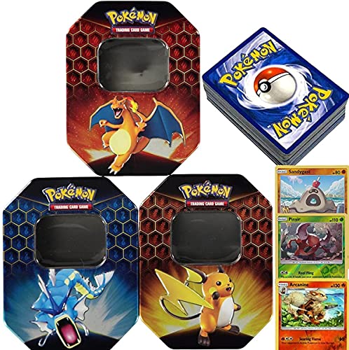 Pokemon Pack Tin Box vacía aleatoria + 3 Reverse holos aleatorios + 50 Cartas en inglés