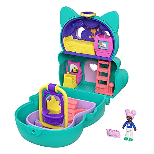 Polly Pocket Gatito vuelto, cofre gato con asa y con muñeca, juguete para niñas y niños mayores de 4 años (Mattel GTM61)
