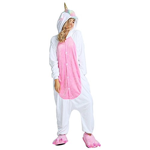Rainbow Fox Unicornio Pijama Adultos Cosplay Disfraz Animal Ropa de Dormir Franela Novedad Víspera de Todos los Santos Navidad Ropa (L, Oro)