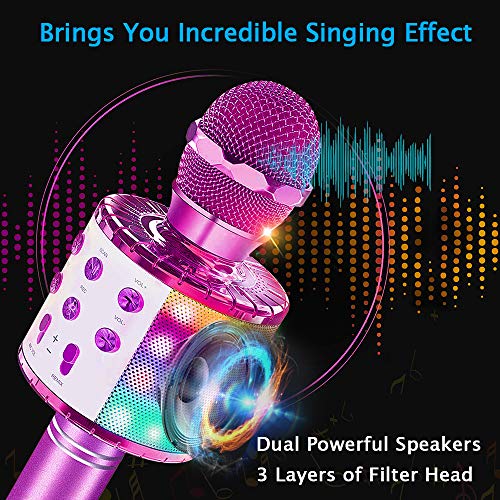 SaponinTree Microfono Inalámbrico Karaoke, Micrófono Karaoke Bluetooth Portátil con Altavoz con Luces de Baile LED para Niños Canta Partido Musica Reproductor