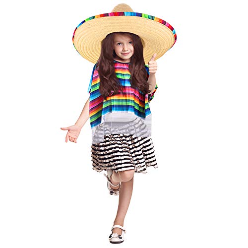 SATINIOR Disfraz de Poncho de Sarape Mexicano Sombrero Mexicano con Borde y Banda de Sarape de Arco Iris (Niño)