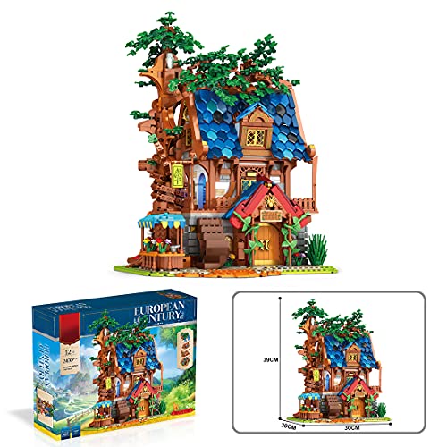SENG Casa de árbol medieval con bloques de sujeción, casa con luz, 2450 piezas, diseño creativo de vista de calle, juguete de construcción para casa modular compatible con Lego