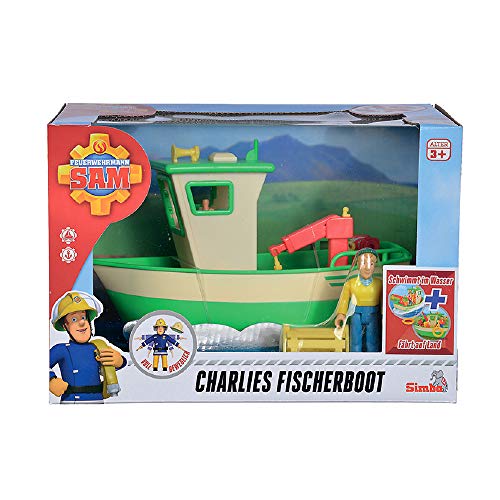 Smoby- Sam Le Pompier-Bateau de Pêche Flottant-Grue Mobile + Treuil Mécanique-1 Figurine Incluse Barco, Color Verde (Simba Toys 7/109251074002)
