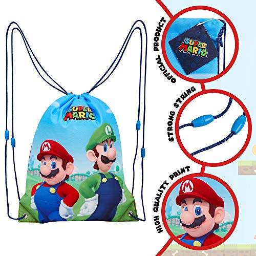 Super Mario Mochila Niño de Cuerdas, Mochila Deporte Saco con Mario Bros y Luigi, Mochila Cuerdas para Gimnasio Viajes Colegio, Regalos Originales para Niños