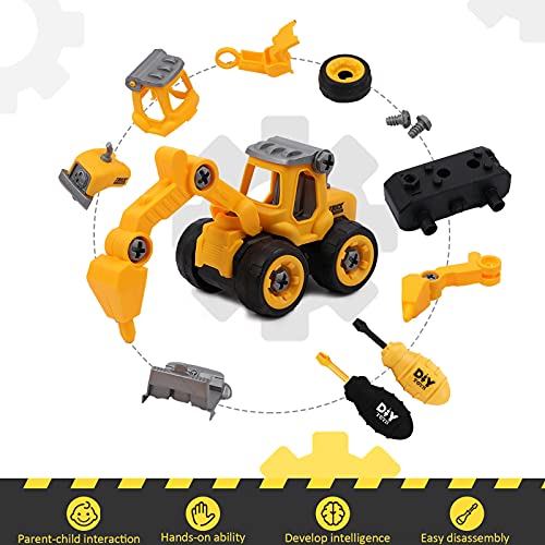 Tacobear 4 Piezas Vehículo de Construcción Juguetes de Montar y Desmontar Coche Playa Arena Coches de Friccion DIY Camión Excavadora Vehículos Juguete Cumpleaño Regalos para Niños (Amarillo)
