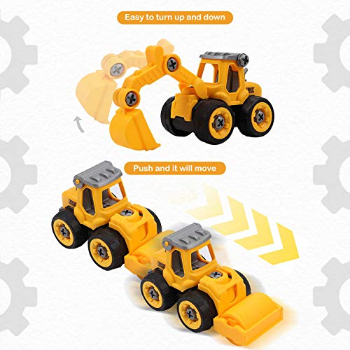 Tacobear 4 Piezas Vehículo de Construcción Juguetes de Montar y Desmontar Coche Playa Arena Coches de Friccion DIY Camión Excavadora Vehículos Juguete Cumpleaño Regalos para Niños (Amarillo)