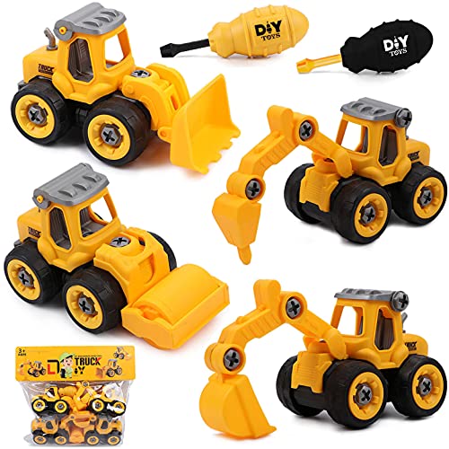 Tacobear 4 Piezas Vehículo de Construcción Juguetes de Montar y Desmontar Coche Playa Arena Coches de Friccion DIY Camión Excavadora Vehículos Juguete Cumpleaño Regalos para Niños (Amarillo)