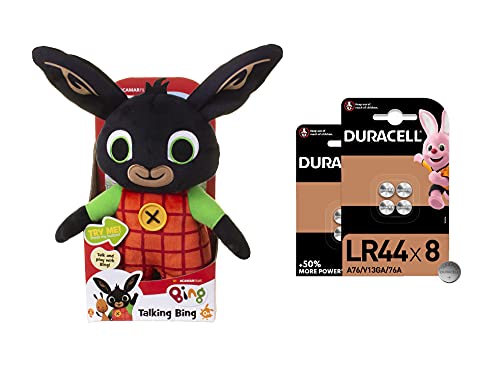 Talking Bing - Peluche de Peluche (30 cm, Apto Desde el Nacimiento) + Duracell - Pilas Especiales alcalinas de botón LR44 de 1,5 V, Paquete de 8 Unidades (76A/A76/V13GA)