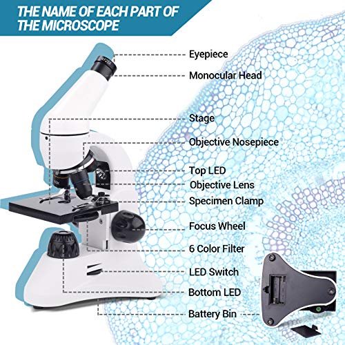 USCAMEL Microscopio 100X-2000X LED Dual Lentes de Vidrio Óptico Microscopios Monoculares de Lab para Niños Estudiantes Adultos Colegio Educación en Casa con Diapositivas, Kits de Ciencia