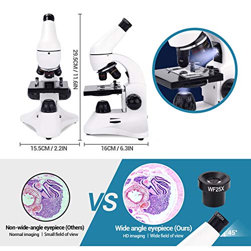 USCAMEL Microscopio 100X-2000X LED Dual Lentes de Vidrio Óptico Microscopios Monoculares de Lab para Niños Estudiantes Adultos Colegio Educación en Casa con Diapositivas, Kits de Ciencia