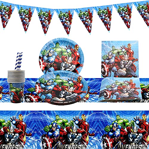 Vajilla para fiesta de cumpleaños,52 piezas Vajilla de cumpleaños de niños Avengers,Avengers Cumpleaños Decoracion platos, tazas, servilletas, pancartas,para fiesta de cumpleaños