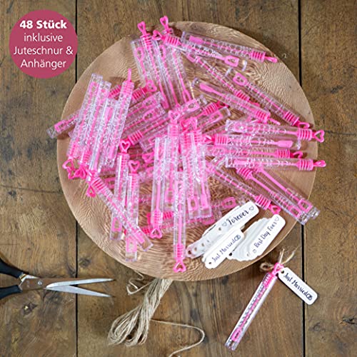 WeddingTree 48 Pompas de Jabon Boda Rosa - Pomperos Boda - con Mango en Forma de Corazón para Bodas, Bautizos, Cumpleaños, San Valentín u Otras Celebraciones