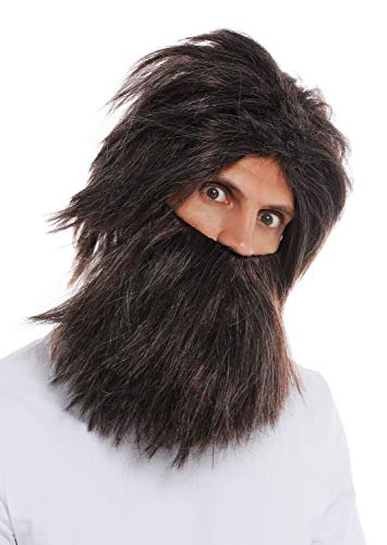WIG ME UP- 6090A+B-P1-P68A-P30 Peluca Barba Set Hombres Carnaval Salvaje Hombre prehistórico Neandertal Mezcla castaña Gris