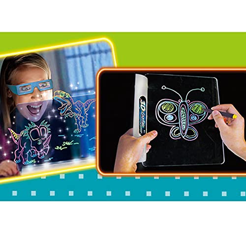 wuxafe Tablero De Dibujo 3D, De Dibujo 3D Mágico,Conjunto con Luces LED Educativo Infantil Dibujo, Cuatro Bolígrafos, Tablero De Dibujo Magnético,