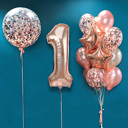 AcnA Decoración para Fiestas de Cumpleaños en Oro Rosa,Cumpleaños Globos 1 Años,1 Años Antigüedad Fiesta,Globos de Confeti,Látex Oro Rosa,Globo de Papel de Aluminio para Niñas y Mujeres Reutilizable