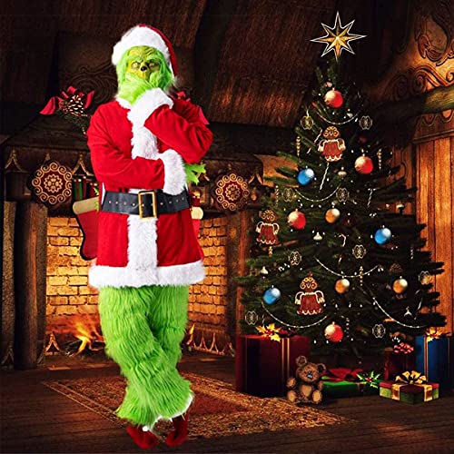Adulto Grinch Green Navidad 7 Unids Conjunto De Disfraces, Grinch Party Disfraz Christmas Deluxe Furry Adulto Santa Traje Traje Tambien Niños,3XL