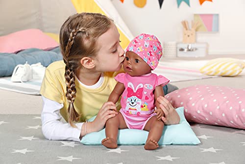 BABY born Soft Touch Girl Ojos Marrones 43 cm con Chupete Mágico - Muñeca Realista con Funciones Realistas, Suave al Tacto, Cuerpo Flexible, Come, Duerme, Llora y Usa la Bacinica, 11 Accesorios, Rosa