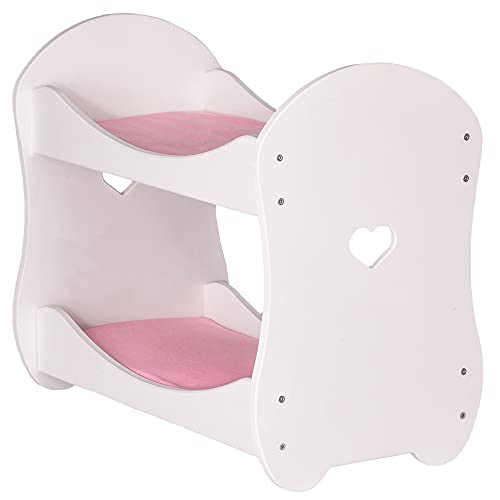Cama litera de madera para muñecas de bebés de hasta 19 pulgadas (48 cm) con juego de cama de lino rosa, blanco
