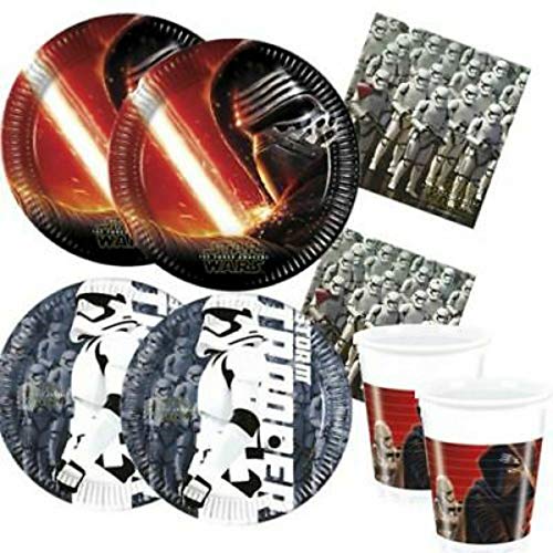 CAPRILO. Lote de Cubiertos Infantiles Star Wars Force Awakens (16 Vasos, 16 Platos(23 cm), 16 Platos(20 cm) y 20 Servilletas) .Vajillas para Fiestas de Cumpleaños, Bodas, Bautizos y Comuniones.