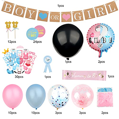 Dsaren 102 Piezas Gender Reveal Party Fiesta para Sexo del Bebe Decoracion con Banner Niño o Niña Globo Rosado Azul Confeti Photo Booth Cupcake Toppers Baby Shower