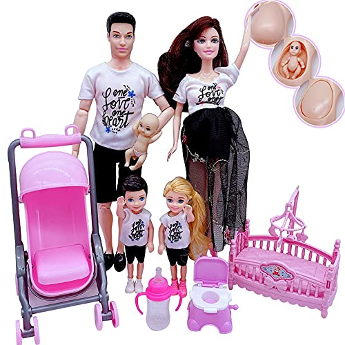 GSDJU Combinación de Pareja Familiar de 5 Personas muñeca Embarazada de Barbies mamá / papá / niña / Cochecito / Silla de Comedor Juguete para niños