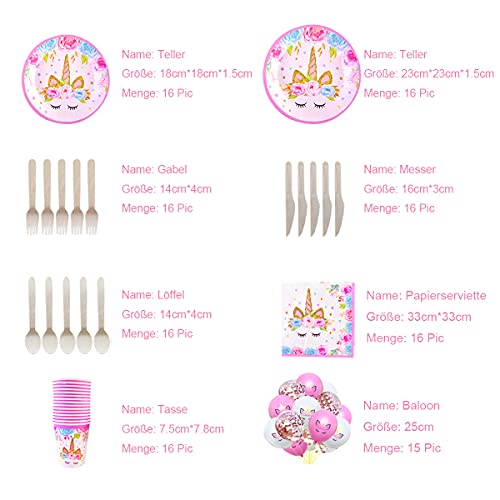 Himeland Cumpleaños Unicornio para Niñas, Platos Desechables Vasos Pajitas Servilletas Mantel Gorro Bolsas Guirnalda Fondo Globos Fiesta Unicornios Decoración16 Invitados