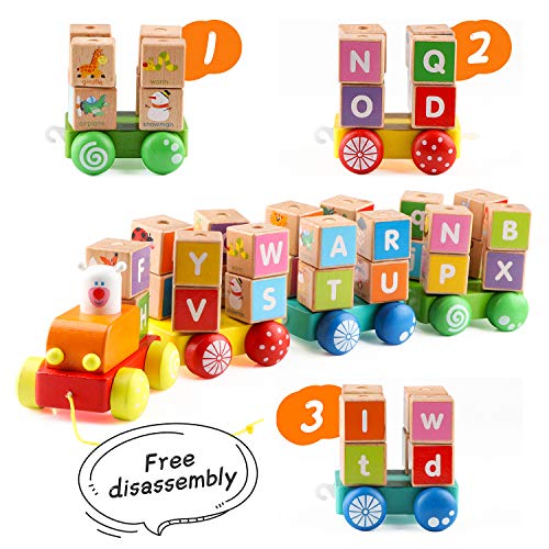 Jacootoys Trenes de Juguete Tren de Madera con Letras Alfabeto Bloque Juegos de Construcción Preescolar para Niños de 2 Años, 26 Piezas