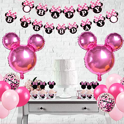 Jollyboom Artículos de Fiesta de cumpleaños con temática de Minnie Decoraciones Globos de Minnie Envolturas de Cupcake Envolturas para el Primer, Segundo y Tercer cumpleaños