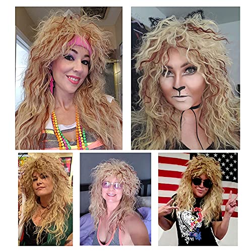 MEIRIYFA Peluca larga rizada para hombre de los años 80, peluca negra rockera punk, para disfraz de Halloween, fiesta de cosplay (rubia con marrón rojizo)