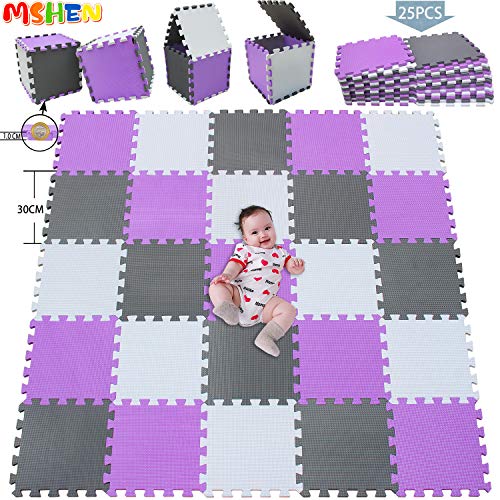 MSHEN 25 Piezas Alfombra Puzzle Bebe con Certificado CE y certificación EVA | Puzzle Suelo Bebe | Puede ser Lavado Goma eva,Tamaño 2.01cuadrado, blanco-púrpura-gris-AKLg25
