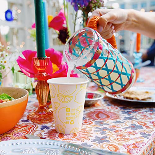Paquete de 8 vasos de papel con estampado amarillo limón, 12 oz (341 ml) | Desechables, sin plástico, reciclables en casa | Vajilla para cenar, cumpleaños, fiesta en el jardín, picnic