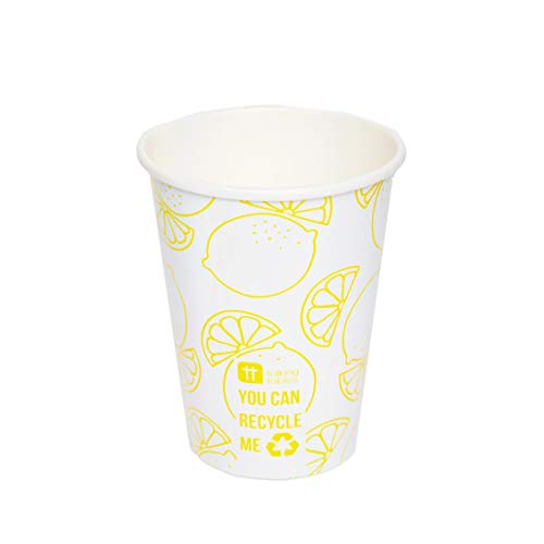 Paquete de 8 vasos de papel con estampado amarillo limón, 12 oz (341 ml) | Desechables, sin plástico, reciclables en casa | Vajilla para cenar, cumpleaños, fiesta en el jardín, picnic