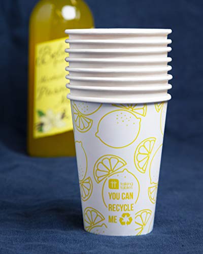 Paquete de 8 vasos de papel con estampado amarillo limón, 12 oz (341 ml) | Desechables, sin plástico, reciclables en casa | Vajilla para cenar, cumpleaños, fiesta en el jardín, picnic