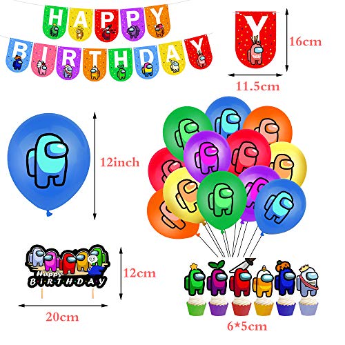smileh Cumpleaños Decoracion de Among Us Globos Pancarta de Feliz Cumpleaños Adornos para Pastel de Juegos para niños adultos Decoraciones de Fiesta