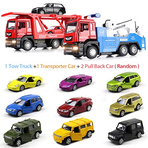 4 In 1 Camión Transportador de Coches Juguete Trailer Coche de Friccion con Luces y Sonido Vehículos Car Juguetes Regalo de Cumpleaños Niños 3 4 5 6-12 Años (1/50 Metal Aleación )