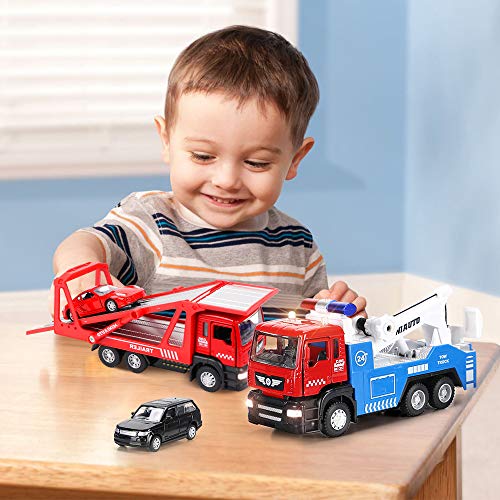 4 In 1 Camión Transportador de Coches Juguete Trailer Coche de Friccion con Luces y Sonido Vehículos Car Juguetes Regalo de Cumpleaños Niños 3 4 5 6-12 Años (1/50 Metal Aleación )