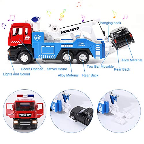 4 In 1 Camión Transportador de Coches Juguete Trailer Coche de Friccion con Luces y Sonido Vehículos Car Juguetes Regalo de Cumpleaños Niños 3 4 5 6-12 Años (1/50 Metal Aleación )