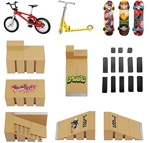 8PCS Skate Park Kit Finger Skateboard Ramp Set con 3 Mini Monopatines de Juguete para Dedos 1 Bicicleta de Dedo y 1 Finger Scooter Mini Juego de Juguetes para Dedos para Niños (A)