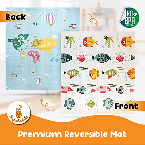Alfombra Gateo Infantil Impermeable, Reversible y Plegable 160x180x1cm. Certificado CE. Esterilla Bebe Ideal para la habitación del niño o la niña. Gran Formato SUPERBE BEBE (1CM PEZ)