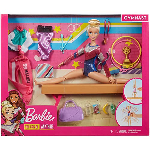 Barbie Olimpíadas, muñeca gimnasta, barra de equilibrios de juguete y más de 15 accesorios (Mattel GJM72)