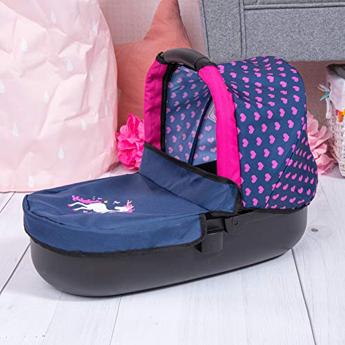 Bayer Design- Cochecito Style con Bolso Cambiador, Carrito Paseo Para Muñecos, Convertible, Plegable, Compatible con Silla de Coche Easygo, Color Azul, con Corazones y Unicornios (12654Aa)