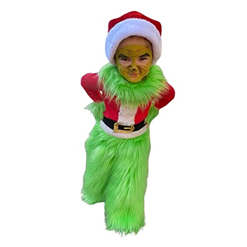 Boomar Disfraz de monstruo verde de Navidad para niños pequeños y adultos Grinch Green Santa Suit Deluxe Peludo Party Dress Up Outfit, Verde-niños, 5-6 Años