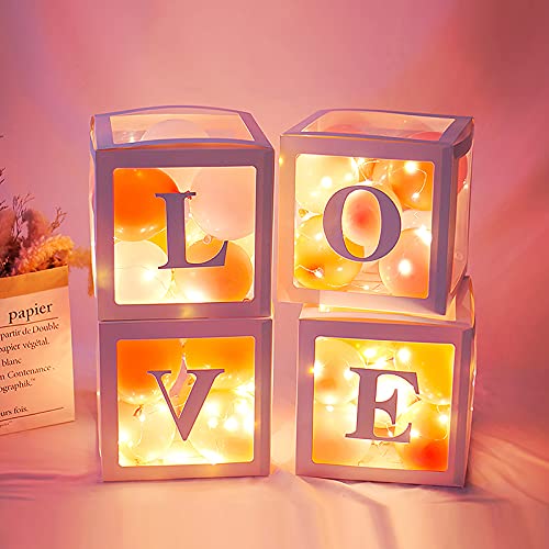 Cajas de globos para decoraciones de baby shower,4 piezas cajas Cajas de globos transparente,con 30 unids Globos de color rosa y blanco,letras de LOVE,Cajas de fiesta blanco para fiesta de cumpleaños