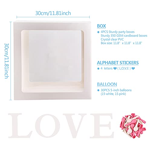 Cajas de globos para decoraciones de baby shower,4 piezas cajas Cajas de globos transparente,con 30 unids Globos de color rosa y blanco,letras de LOVE,Cajas de fiesta blanco para fiesta de cumpleaños