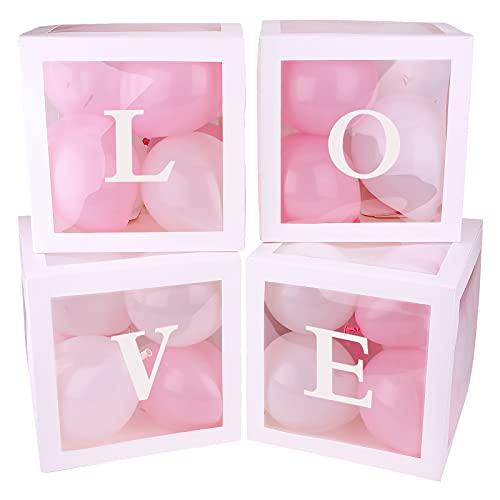 Cajas de globos para decoraciones de baby shower,4 piezas cajas Cajas de globos transparente,con 30 unids Globos de color rosa y blanco,letras de LOVE,Cajas de fiesta blanco para fiesta de cumpleaños